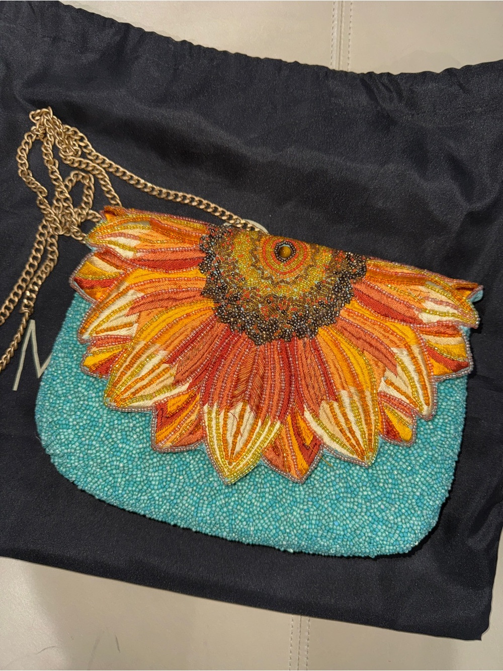 Mary Frances Turquoise Beaded Clutch with Orange Sunflower Applique